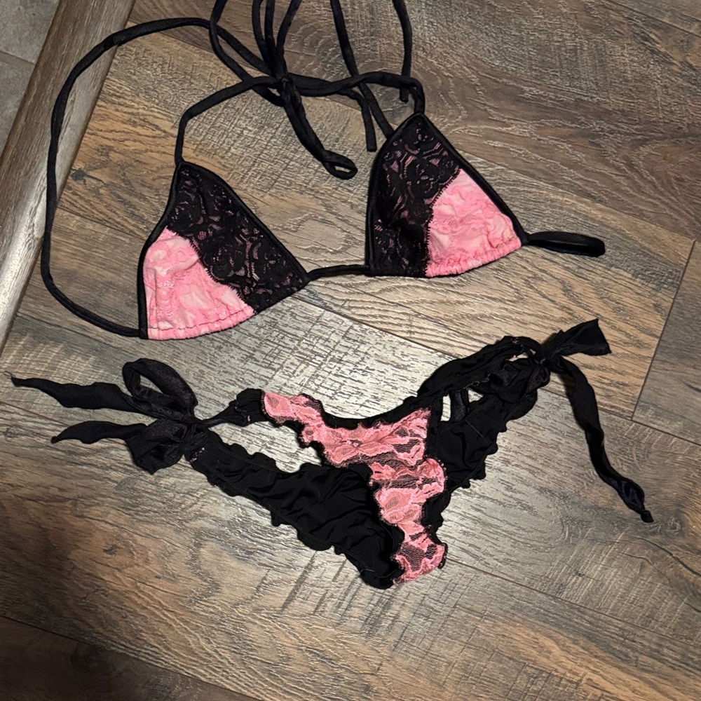 iHeartRaves Black and Pink Lace Triangle Bikini Set